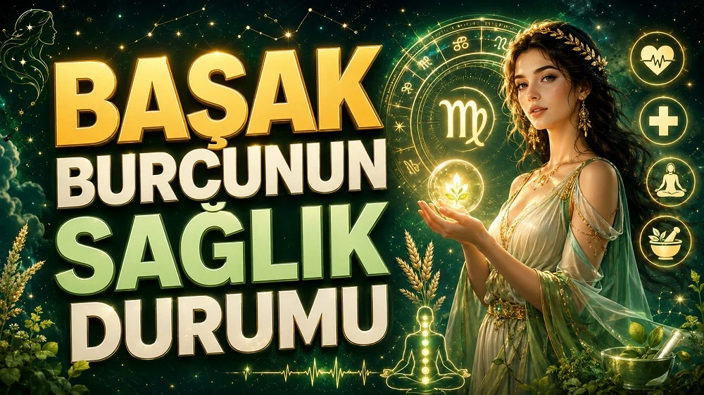 Başak Burcunun Sağlık Durumu başlıklı, Başak burcu sembolü, astroloji çemberi, sağlık ikonları, bitkisel detaylar, şifa enerjisi ve zarif kadın figürü içeren astroloji kapak tasarımı.