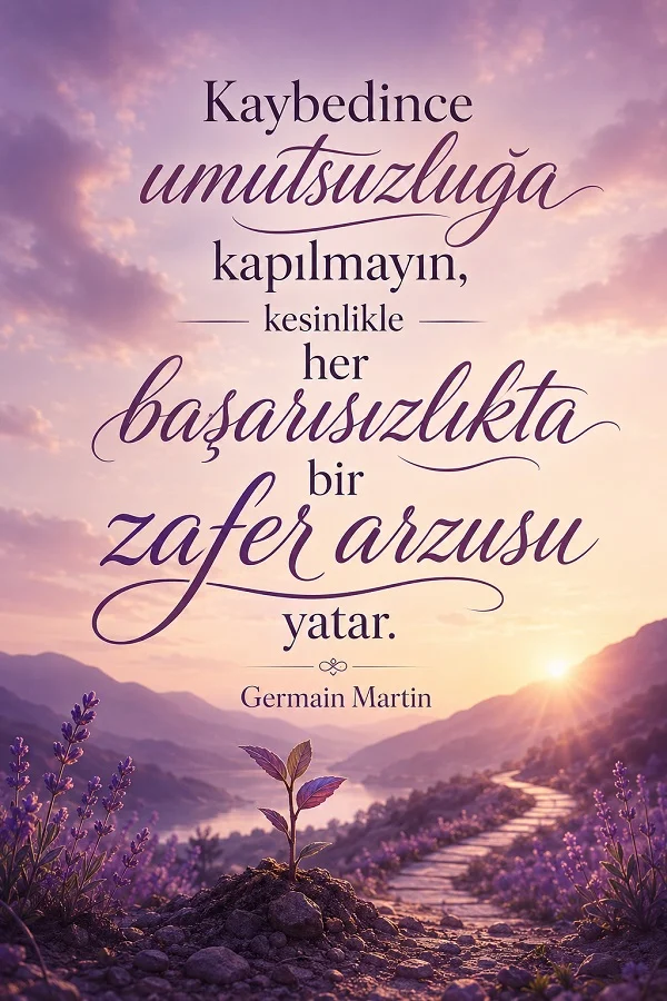 Mor çiçekli bir dağ yolu ve küçük filiz fonunda, “Kaybedince umutsuzluğa kapılmayın, her başarısızlıkta bir zafer arzusu yatar.” sözü yer alıyor.