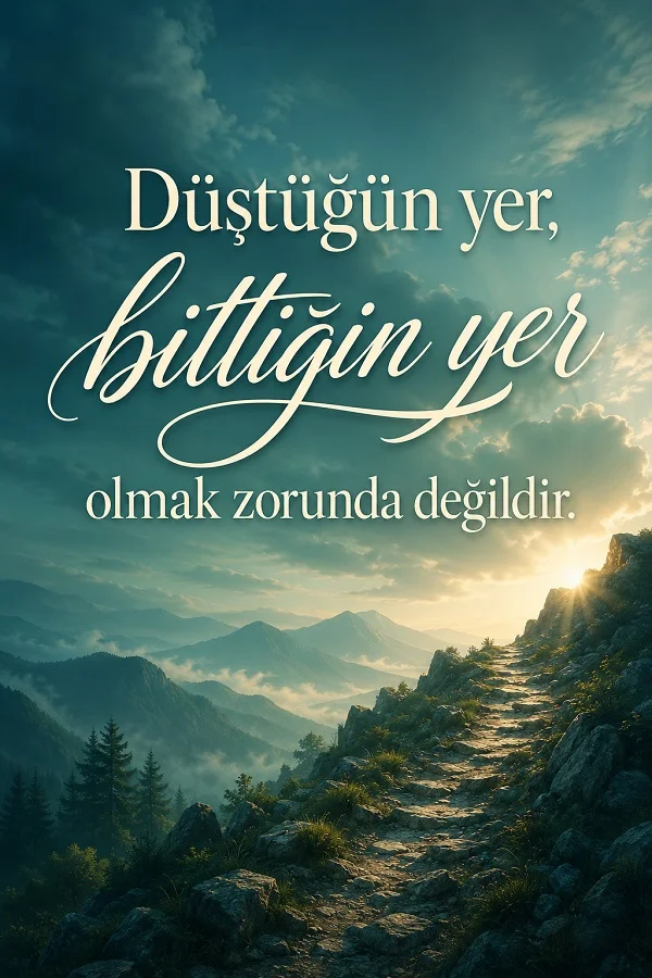 Dağların arasından uzanan taş yol fonunda, “Düştüğün yer, bittiğin yer olmak zorunda değildir.” sözü yazıyor.