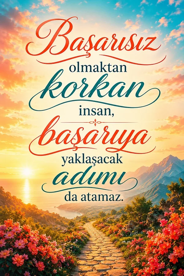Çiçeklerle çevrili sahil yolu fonunda, “Başarısız olmaktan korkan insan, başarıya yaklaşacak adımı da atamaz.” sözü yer alıyor.