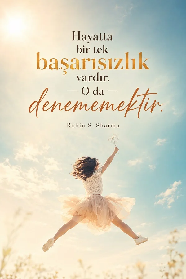 Aydınlık gökyüzünde zıplayan bir kişi fonunda, “Hayatta bir tek başarısızlık vardır. O da denememektir.” sözü bulunuyor.
