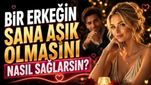 Bir Erkeğin Sana Aşık Olmasını Nasıl Sağlarsın başlıklı, romantik ortamda sarışın kadın ve arka planda erkek figürü, kalp sembolleri, mum ışıkları ve sıcak tonlar içeren ilişki temalı kapak tasarımı.