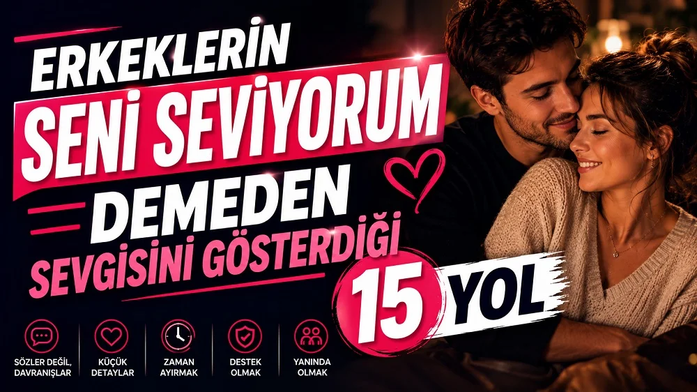Erkeklerin Seni Seviyorum Demeden Sevgisini Gösterdiği 15 Yol başlıklı, romantik çift figürlü, koyu lacivert ve pembe tonlarında hazırlanmış modern ilişki temalı kapak görseli.