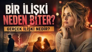 Bir İlişki Neden Biter Gerçek İlişki Nedir başlıklı, düşünceli sarışın kadın, kırık kalp, uzaklaşan erkek silüeti ve romantik çift detayı içeren ilişki temalı kapak tasarımı.