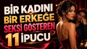 Bir Kadını Bir Erkeğe Seksi Gösteren 11 İpucu başlıklı, kırmızı elbiseli zarif kadın, arka planda erkek figürü, kalp sembolü, mum ışıkları ve sıcak kırmızı tonlar içeren ilişki temalı kapak tasarımı.