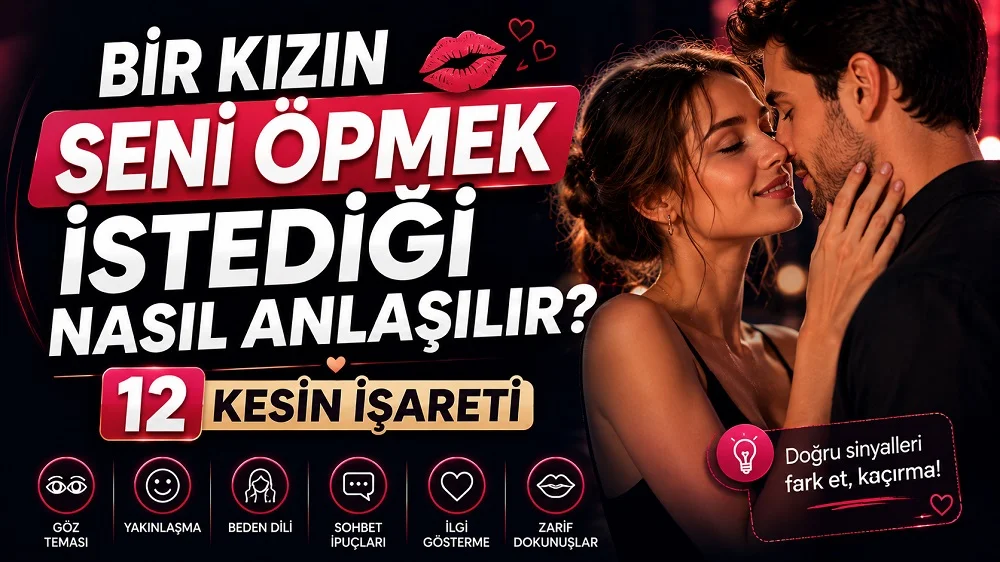 Bir Kızın Seni Öpmek İstediği Nasıl Anlaşılır? 12 Kesin İşareti başlıklı, romantik çift figürlü, koyu lacivert ve pembe neon tonlarında hazırlanmış modern ilişki temalı kapak görseli.