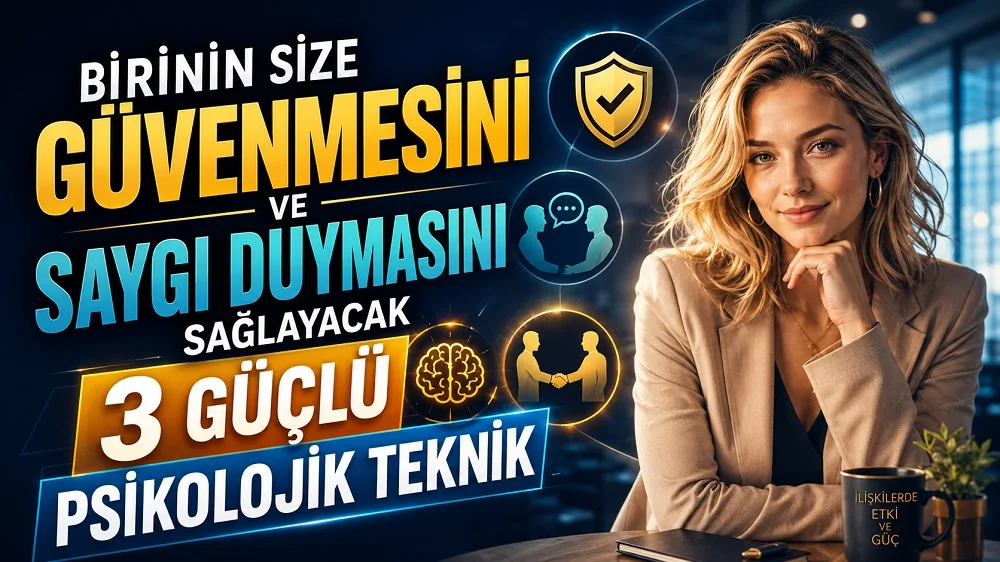 Birinin Size Güvenmesini ve Saygı Duymasını Sağlayacak 3 Güçlü Psikolojik Teknik başlıklı, sarışın kadın, güven kalkanı, iletişim, beyin ve tokalaşma sembolleri içeren psikoloji temalı kapak tasarımı.