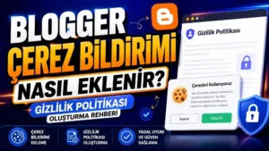 Blogger Çerez Bildirimi Nasıl Eklenir? Gizlilik Politikası Oluşturma Rehberi başlıklı, çerez bildirimi penceresi, gizlilik politikası belgesi ve Blogger paneli bulunan modern teknoloji temalı kapak görseli.