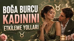 Boğa Burcu Kadınını Etkileme Yolları başlıklı, zarif kadın ve onu etkileyen erkek figürlü, Boğa burcu sembolü ve astroloji çemberi detayları bulunan yeşil, pembe ve altın tonlarında modern astroloji kapak görseli.