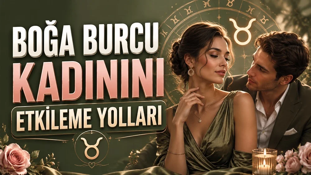 Boğa Burcu Kadınını Etkileme Yolları başlıklı, zarif kadın ve onu etkileyen erkek figürlü, Boğa burcu sembolü ve astroloji çemberi detayları bulunan yeşil, pembe ve altın tonlarında modern astroloji kapak görseli.