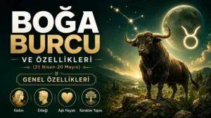 Boğa burcu başlığı, boğa figürü, yıldızlı gökyüzü, burç sembolü ve genel özellik simgeleriyle hazırlanmış astroloji kapak görseli.
