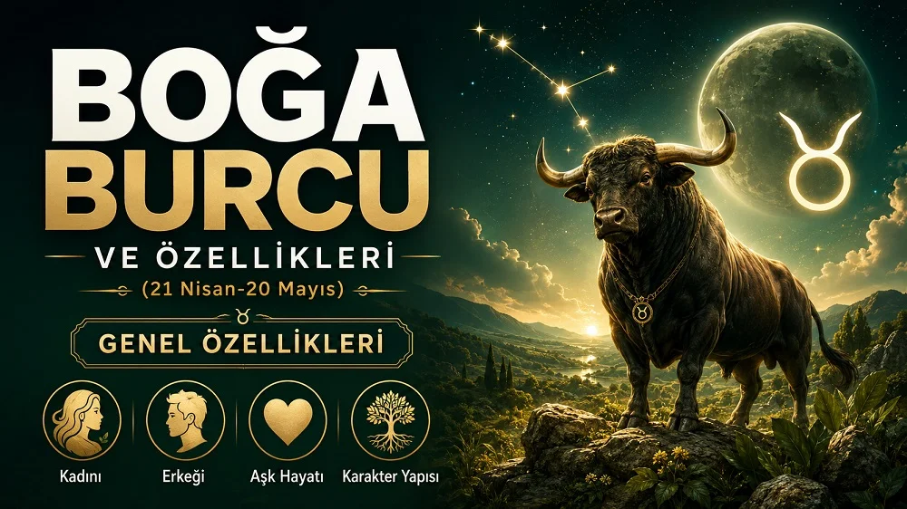 Boğa burcu başlığı, boğa figürü, yıldızlı gökyüzü, burç sembolü ve genel özellik simgeleriyle hazırlanmış astroloji kapak görseli.