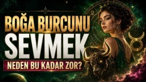 Boğa Burcunu Sevmek Neden Bu Kadar Zor başlıklı, Boğa burcu sembolü, güçlü boğa figürü, astroloji çemberi, yıldızlı arka plan ve zarif kadın figürü içeren astroloji kapak tasarımı.