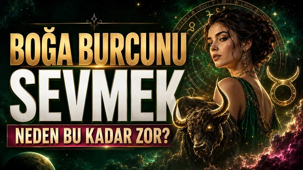 Boğa Burcunu Sevmek Neden Bu Kadar Zor başlıklı, Boğa burcu sembolü, güçlü boğa figürü, astroloji çemberi, yıldızlı arka plan ve zarif kadın figürü içeren astroloji kapak tasarımı.