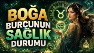 Boğa Burcunun Sağlık Durumu başlıklı, Boğa burcu sembolü, boğa figürü, astroloji çemberi, sağlık simgeleri, doğa teması ve zarif kadın figürü içeren astroloji kapak tasarımı.