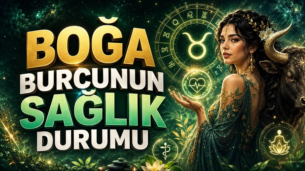 Boğa Burcunun Sağlık Durumu başlıklı, Boğa burcu sembolü, boğa figürü, astroloji çemberi, sağlık simgeleri, doğa teması ve zarif kadın figürü içeren astroloji kapak tasarımı.