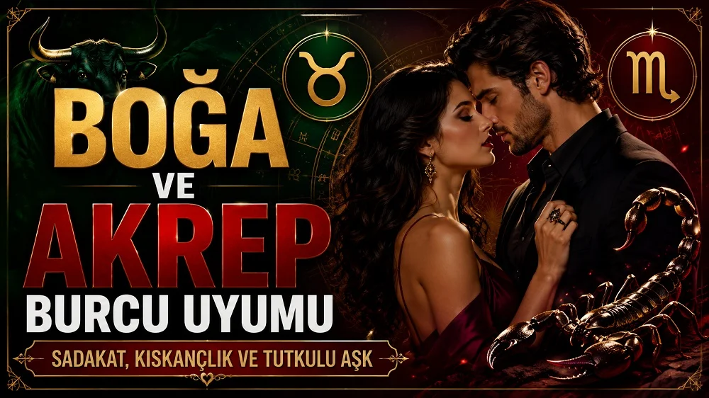 Boğa ve Akrep Burcu Uyumu: Sadakat, Kıskançlık ve Tutkulu Aşk başlıklı, romantik çift figürü, Boğa ve Akrep burcu sembolleri, boğa ve akrep detayları bulunan modern astroloji kapak görseli.
