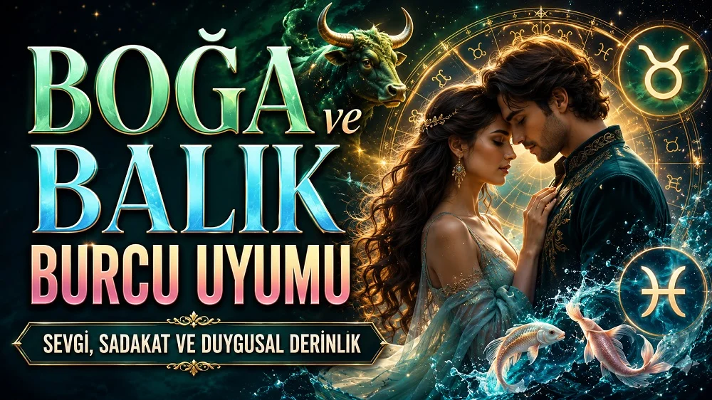 Boğa ve Balık Burcu Uyumu: Sevgi, Sadakat ve Duygusal Derinlik başlıklı, romantik çift figürü, Boğa ve Balık burcu sembolleri, boğa ve balık detayları bulunan modern astroloji kapak görseli.