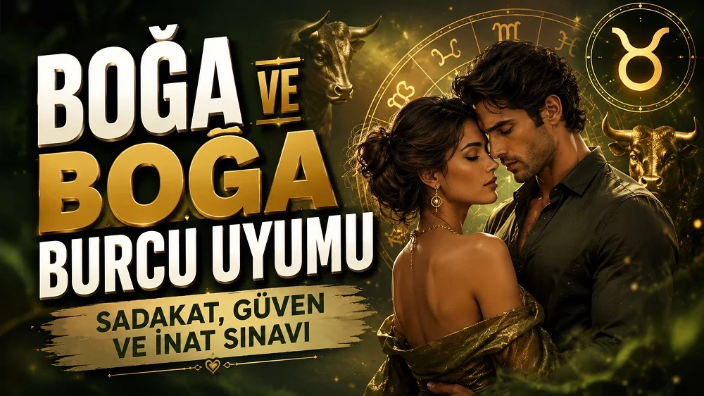Boğa ve Boğa Burcu Uyumu: Sadakat, Güven ve İnat Sınavı başlıklı, romantik çift figürlü, Boğa burcu sembolü, boğa detayları ve astroloji çemberi bulunan yeşil ve altın tonlarında modern astroloji kapak görseli.