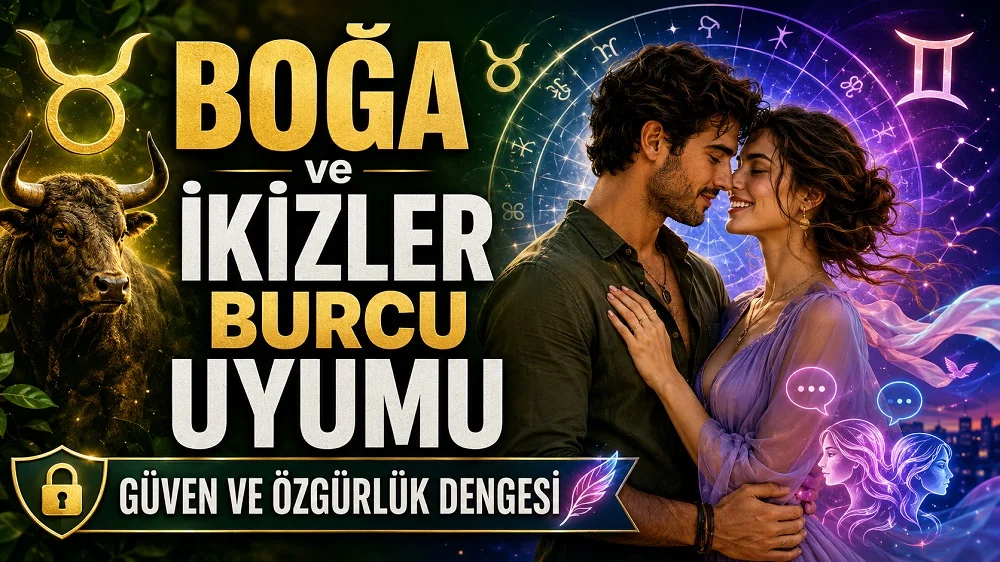 Boğa ve İkizler Burcu Uyumu: Güven ve Özgürlük Dengesi başlıklı, romantik çift figürü, Boğa ve İkizler burcu sembolleri, boğa detayı, iletişim ikonları ve astroloji çemberi bulunan modern kapak görseli.