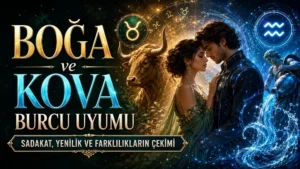 Boğa ve Kova Burcu Uyumu: Sadakat, Yenilik ve Farklılıkların Çekimi başlıklı, romantik çift figürü, Boğa ve Kova burcu sembolleri, boğa detayı, su taşıyan figür ve astroloji çemberi bulunan modern astroloji kapak görseli.