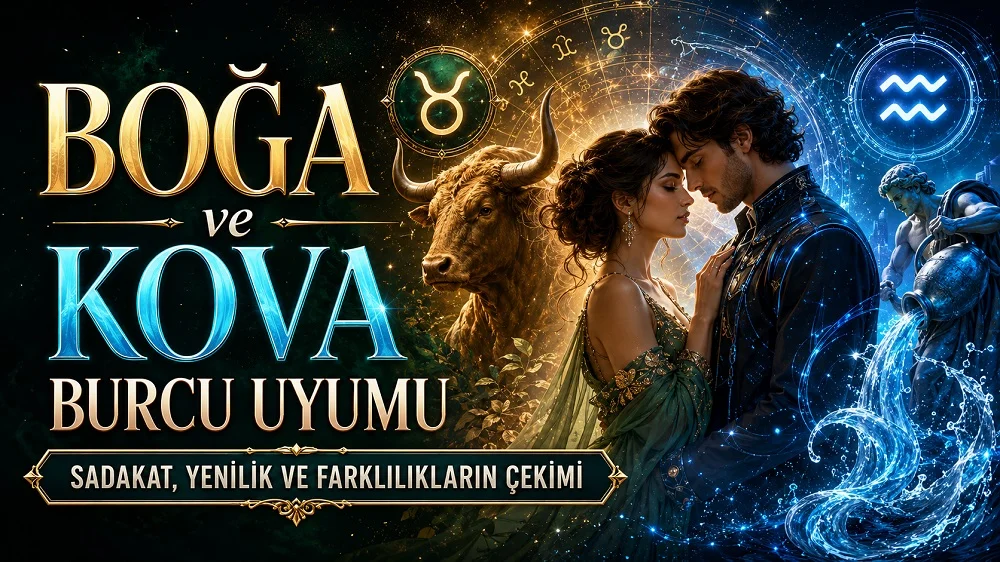 Boğa ve Kova Burcu Uyumu: Sadakat, Yenilik ve Farklılıkların Çekimi başlıklı, romantik çift figürü, Boğa ve Kova burcu sembolleri, boğa detayı, su taşıyan figür ve astroloji çemberi bulunan modern astroloji kapak görseli.