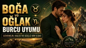 Boğa ve Oğlak Burcu Uyumu: Güvenilir, Kalıcı ve Güçlü Bir İlişki başlıklı, romantik çift figürü, Boğa ve Oğlak burcu sembolleri, boğa, dağ keçisi ve astroloji çemberi detayları bulunan modern kapak görseli.