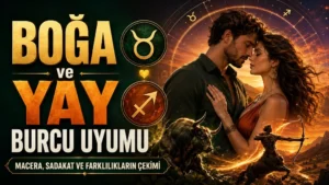 Boğa ve Yay Burcu Uyumu: Macera, Sadakat ve Farklılıkların Çekimi başlıklı, romantik çift figürü, Boğa ve Yay burcu sembolleri, boğa ve okçu detayları bulunan modern astroloji kapak görseli.