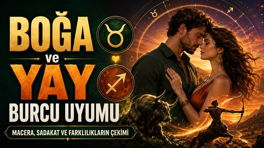Boğa ve Yay Burcu Uyumu: Macera, Sadakat ve Farklılıkların Çekimi başlıklı, romantik çift figürü, Boğa ve Yay burcu sembolleri, boğa ve okçu detayları bulunan modern astroloji kapak görseli.
