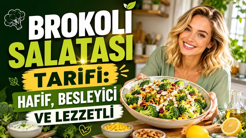 Brokoli Salatası Tarifi Hafif Besleyici ve Lezzetli başlıklı, büyük salata kasesi tutan sarışın kadın, brokoli salatası, limon, zeytinyağı ve mutfak ortamı içeren yemek tarifi kapak tasarımı.