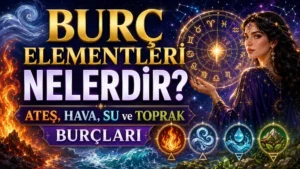 Burç elementleri konusunu anlatan; ateş, hava, su ve toprak simgeleri, burç çarkı, yıldızlı gökyüzü ve kadın figürü içeren astrolojik kapak görseli.
