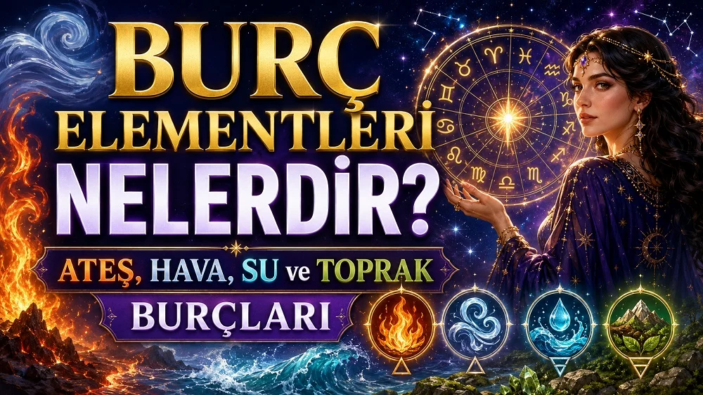 Burç elementleri konusunu anlatan; ateş, hava, su ve toprak simgeleri, burç çarkı, yıldızlı gökyüzü ve kadın figürü içeren astrolojik kapak görseli.