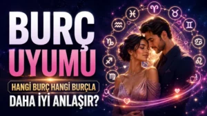 Burç Uyumu: Hangi Burç Hangi Burçla Daha İyi Anlaşır? başlıklı, romantik çift figürü, burç sembolleri, astroloji çemberi ve ışıklı kalp detayları bulunan modern astroloji kapak görseli.