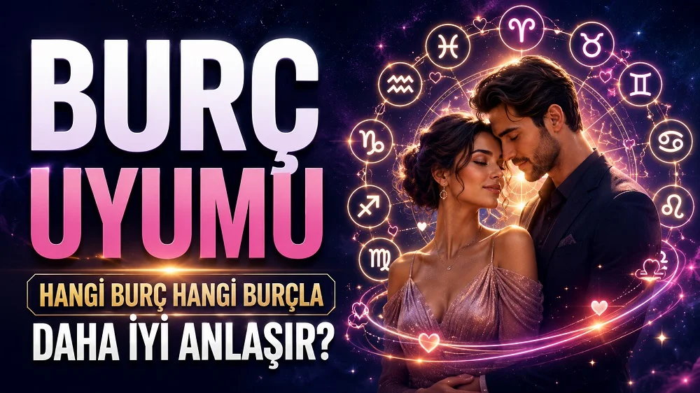 Burç Uyumu: Hangi Burç Hangi Burçla Daha İyi Anlaşır? başlıklı, romantik çift figürü, burç sembolleri, astroloji çemberi ve ışıklı kalp detayları bulunan modern astroloji kapak görseli.