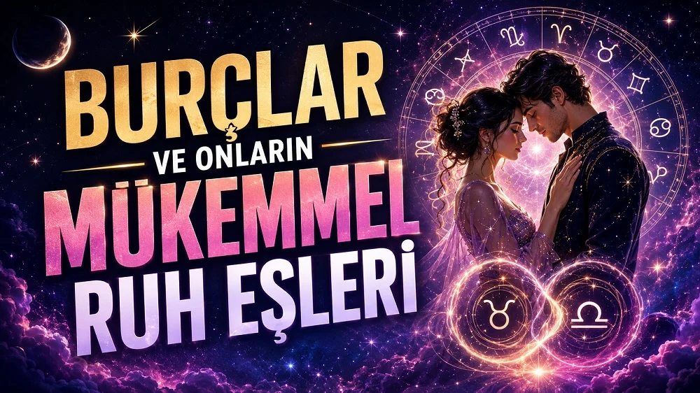 Burçlar ve Onların Mükemmel Ruh Eşleri başlıklı, romantik çift, astroloji çemberi, parlayan burç sembolleri ve mor pembe kozmik arka plan içeren astroloji kapak tasarımı.