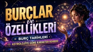Burçlar ve özellikleri konusunu anlatan, burç tarihleri ve astrolojiye göre karakter rehberi başlıklı; burç çarkı, yıldızlar, gezegenler ve kadın figürü içeren astrolojik kapak görseli.