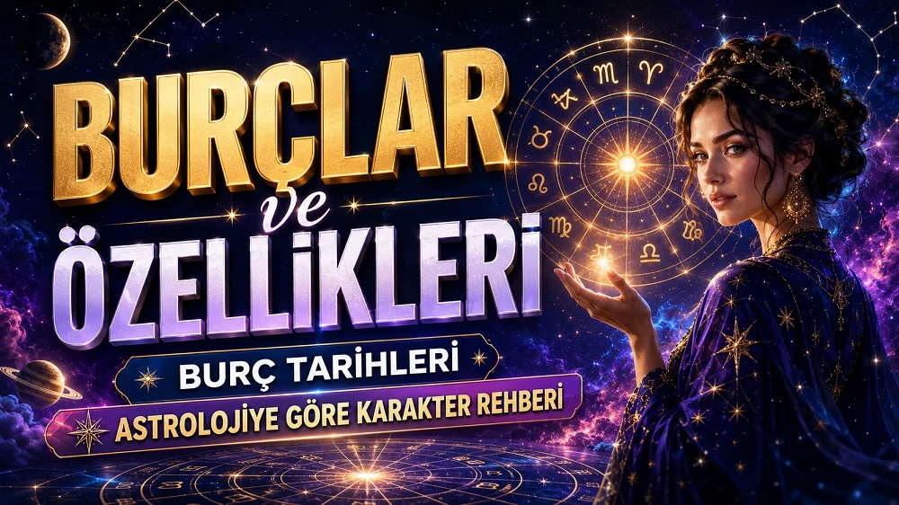 Burçlar ve özellikleri konusunu anlatan, burç tarihleri ve astrolojiye göre karakter rehberi başlıklı; burç çarkı, yıldızlar, gezegenler ve kadın figürü içeren astrolojik kapak görseli.