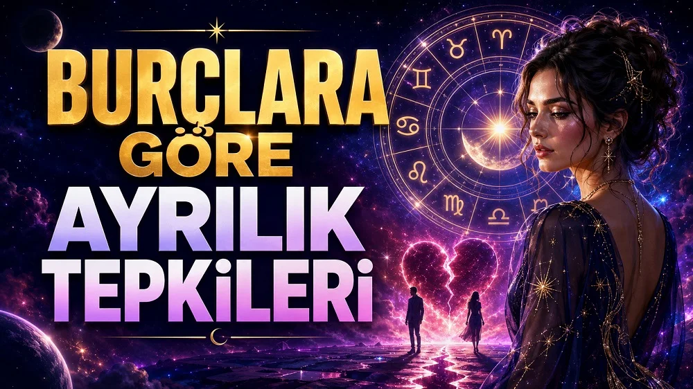 Burçlara Göre Ayrılık Tepkileri başlıklı, kırık kalp, ayrılan çift silüetleri, astroloji çemberi, yıldızlı kozmik arka plan ve hüzünlü kadın figürü içeren astroloji kapak tasarımı.
