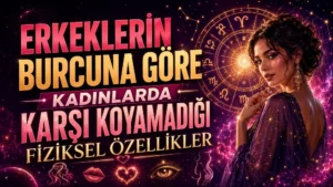 Erkeklerin burçlarına göre kadınlarda çekici bulduğu fiziksel özellikleri anlatan, pembe mor ve altın tonlarda hazırlanmış astrolojik kapak görseli.