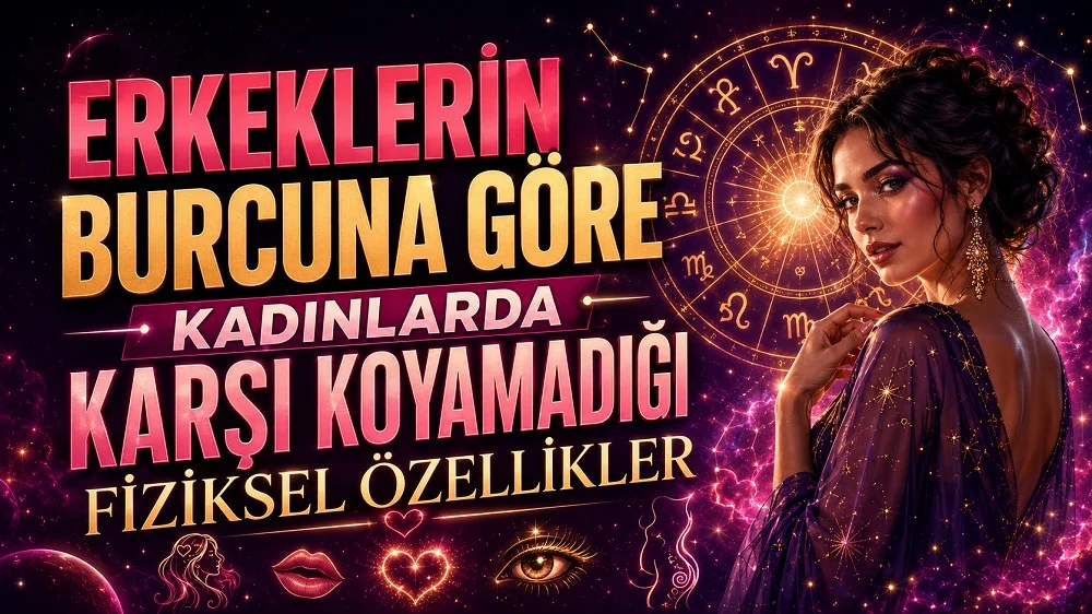 Erkeklerin burçlarına göre kadınlarda çekici bulduğu fiziksel özellikleri anlatan, pembe mor ve altın tonlarda hazırlanmış astrolojik kapak görseli.