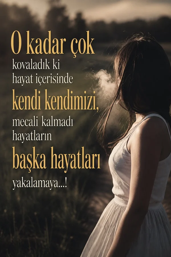 Açık renk elbiseli bir kadının yan profilden göründüğü görselde, “O kadar çok kovaladık ki hayat içerisinde kendi kendimizi, mecali kalmadı hayatların başka hayatları yakalamaya...!” sözü yer alıyor.
