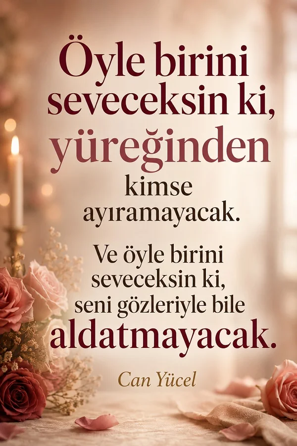 Gül ve mum detaylarının bulunduğu romantik bir fonda, “Öyle birini seveceksin ki, yüreğinden kimse ayıramayacak. Ve öyle birini seveceksin ki, seni gözleriyle bile aldatmayacak. Can Yücel” sözü yer alıyor.
