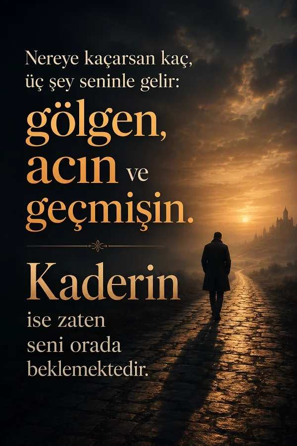 Gün batımında taşlı bir yolda yürüyen yalnız bir adamın görüldüğü görselde, “Nereye kaçarsan kaç, üç şey seninle gelir: gölgen, acın ve geçmişin. Kaderin ise zaten seni orada beklemektedir.” sözü yer alıyor.