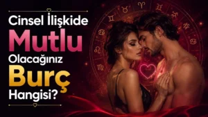 Cinsel İlişkide Mutlu Olacağınız Burç Hangisi? başlıklı, romantik çift figürlü, burç sembolleri ve astroloji çemberi bulunan kırmızı ve altın tonlarında modern astroloji kapak görseli.
