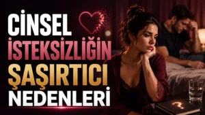 Cinsel İsteksizliğin Şaşırtıcı Nedenleri başlıklı, düşünceli kadın figürü, arka planda üzgün erkek, kırık kalp simgesi ve loş kırmızı tonlar içeren ilişki temalı kapak tasarımı.