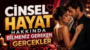 Cinsel Hayat Hakkında Bilmeniz Gereken Gerçekler başlıklı, romantik çift, kalp sembolü, mum ışıkları ve sıcak kırmızı tonlarda hazırlanmış ilişki temalı kapak tasarımı.