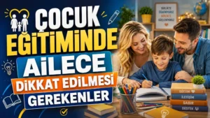 Çocuk Eğitiminde Ailece Dikkat Edilmesi Gerekenler başlıklı, anne ve babasıyla ders çalışan çocuk, kitaplar, kalemler, eğitim ikonları ve sıcak öğrenme ortamı içeren aile eğitimi kapak tasarımı.