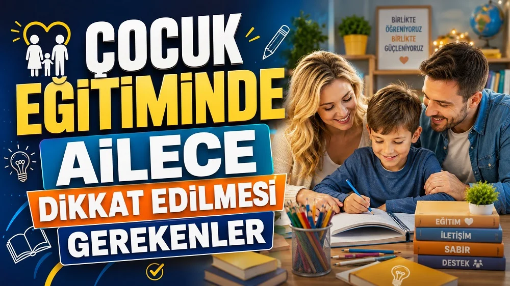 Çocuk Eğitiminde Ailece Dikkat Edilmesi Gerekenler başlıklı, anne ve babasıyla ders çalışan çocuk, kitaplar, kalemler, eğitim ikonları ve sıcak öğrenme ortamı içeren aile eğitimi kapak tasarımı.