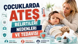 Çocuklarda Ateş Belirtileri Nedenleri ve Tedavisi başlıklı, ateşli çocuğunun alnını kontrol eden anne, termometre, sağlık ikonları, ilaç şişesi ve çocuk bakım detayları içeren sağlık temalı kapak tasarımı.