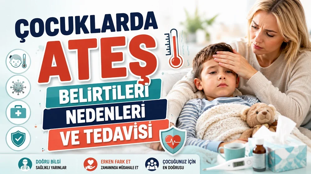 Çocuklarda Ateş Belirtileri Nedenleri ve Tedavisi başlıklı, ateşli çocuğunun alnını kontrol eden anne, termometre, sağlık ikonları, ilaç şişesi ve çocuk bakım detayları içeren sağlık temalı kapak tasarımı.